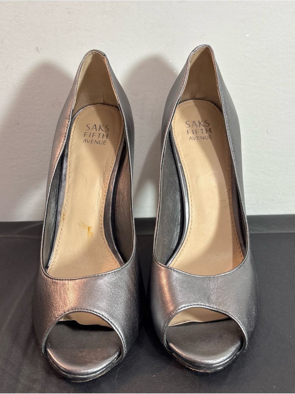 Saks Fifth Avenue Silver Peep-Toe Pumps. 9/18